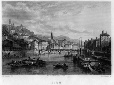 Pohled na město Lyon, departement Rhone, region Rhone-Alpes, Francie. Rytina od Willmanna v „La France ancienne et moderne““ od Jean-Bernard Mary-Lafon (Jean Bernard Mary Lafon) od Edouard Willmann