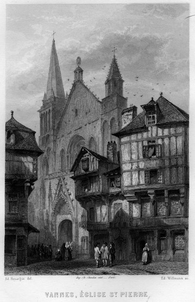 Pohled na město Vannes a kostel Saint Pierre, Morbihan, Bretaň, Francie. Rytina od Willmanna v „La France ancienne et moderne““ od Jean-Bernard Mary-Lafon (Jean Bernard Mary Lafon) od Edouard Willmann