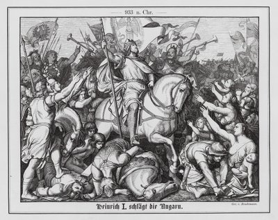 Jindřich I., východofranský král, poráží Maďary v bitvě u Riade, 933 (rytina) od Eduard Bendemann