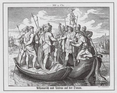 Setkání římského císaře Valense a vizigótského krále Athanarika na Dunaji, 369 (rytina) od Eduard Bendemann