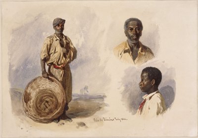 Tři portréty Afro-Brazilců: celopostavová podoba, stojící postava s košíkem, poprsí muže zepředu a profil chlapce od Eduard Hildebrandt