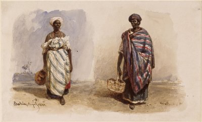 Dvě afro-brazilské ženy s šátky přes ramena, jedna s džbánem na vodu, druhá s košíkem od Eduard Hildebrandt