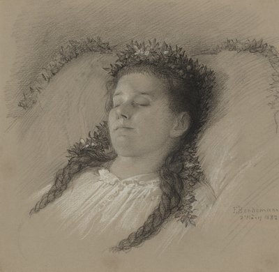 Dívka na smrtelné posteli s korunou květin od Eduard Julius Friedrich Bendemann