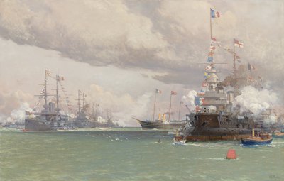 L"Entente Cordiale: The Royal Yacht Victoria & Albert III hodnotí anglicko-francouzskou flotilu v Cowes Road, 1905 od Eduardo de Martino