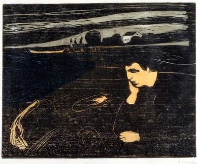 Večer, melancholie: Na pláži (Abend, Melancholie am Strand) (dřevořez) od Edvard Munch