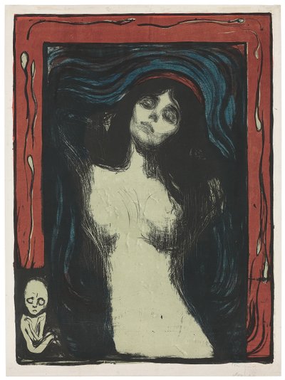 Madonna - Liebendes Weib, c. 1895-1902 (litografie, tištěná černá, červená, modrá a nefritově zelená na bílém) od Edvard Munch