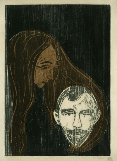 Mužská hlava v ženských vlasech od Edvard Munch