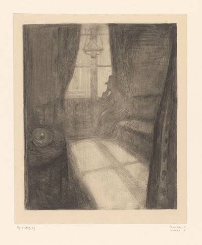 Muž v interiéru sedí u okna Měsíční svit. Night in Saint-Cloud (původní název) od Edvard Munch