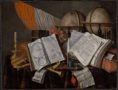 Zátiší Vanitas s vlajkou, svícen, hudební nástroje, knihy, psací potřeby, glóby a přesýpací hodiny od Edwaert Collier