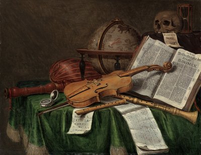 Zátiší Vanitas s astrologickým glóbem, houslemi, lebkou, přesýpacími hodinami, otevřenou knihou, partiturou, hodinkami, loutnou a dalšími hudebními nástroji na přehozeném stole, 80. léta 17. století od Edwaert Colyer or Collier