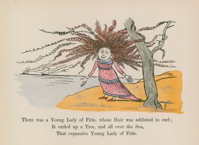 Byla jedna mladá dáma z Firle, jejíž vlasy se rády kroutily (kolorovaná rytina). od Edward (after) Lear