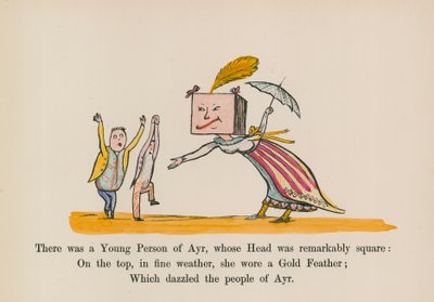 Byl tam mladík z Ayru, jehož hlava byla pozoruhodně hranatá (kolorovaná rytina). od Edward (after) Lear