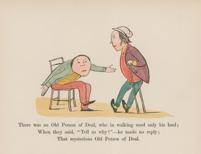 Byl jeden stařec z Dealu, který při chůzi používal pouze patu (kolorovaná rytina). od Edward (after) Lear