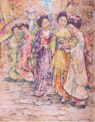 Promenáda, Kyoto, ilustrace z My Magazine od Edward Atkinson Hornel