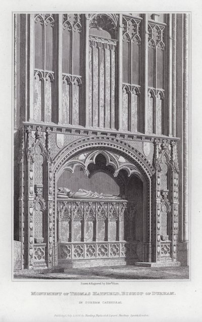 Památník Thomase Hatfielda, biskupa z Durhamu, v katedrále v Durhamu (rytina) od Edward Blore