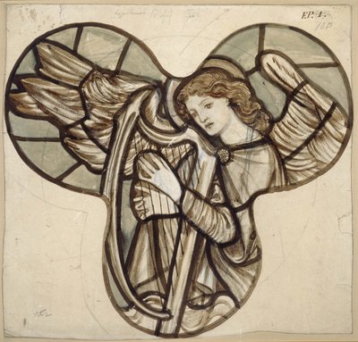 Design pro barevné sklo v Lyndhurst Church: An Angel Harpist, 1862 (hnědá a modrá omývá grafitem) od Edward Burne Jones