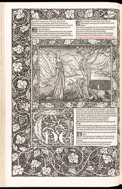 „The Works of Geoffrey Chaucer Now Newly Imprinted“ od Geoffrey Chaucer, vydané nakladatelstvím Kelmscott Press v roce 1896 (dřevořez) od Edward Burne Jones