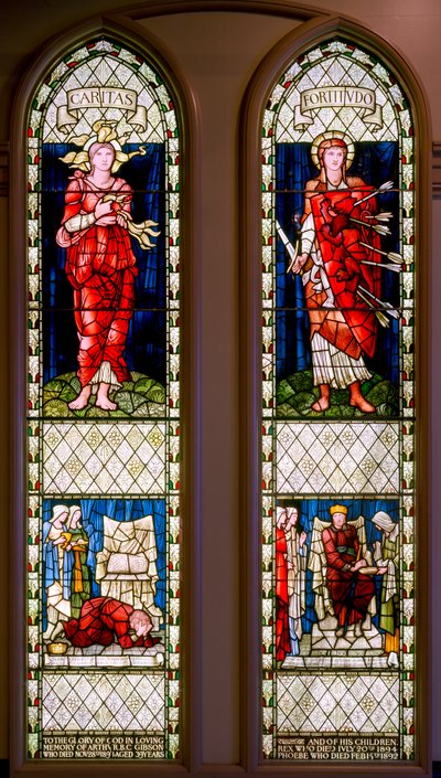 Charity and Fortitude (David Lamenting a David Consoled), kolem roku 1896 (vitráže) od Edward Burne Jones