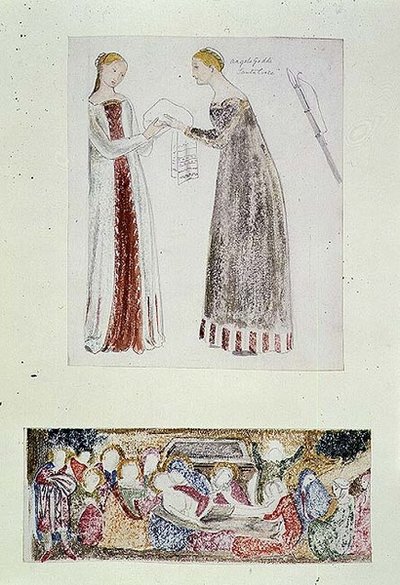 č.1084-f.10 (TtoB) Dvě služebné, kopie z Narození Marie od Giovanniho da Milana z Rinucciniho kaple ve Florencii; The Lamentation (akvarel, tužka) od Edward Coley Burne Jones