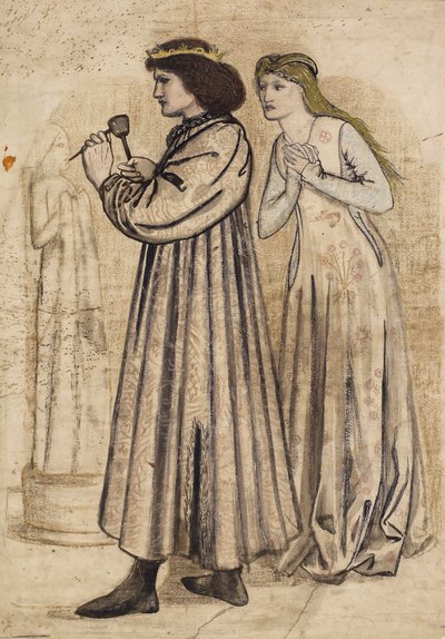 Scéna, jak král Rene vyřezává postavu, zatímco ho sleduje jeho nová nevěsta (pero a indický inkoust s praním a tužkou na papíře) od Edward Coley Burne Jones
