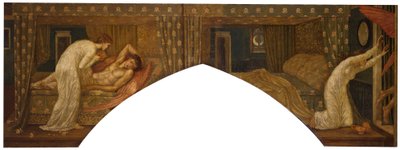 Amor a Psyché - Palácové zelené nástěnné malby - Psyché držící lampu hledí na tvář spícího Amora a Psyché opuštěni, 1881 od Edward Burne Jones