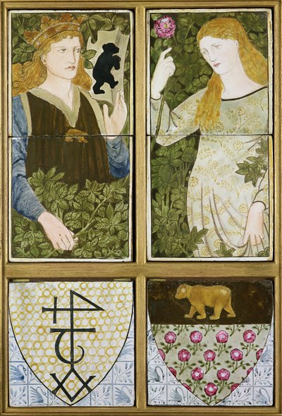 King Arthur a Queen Guinevere, Six Tile Panel vyrobený Morris, Marshall, Faulkner & Co. (keramika) od Edward Burne Jones