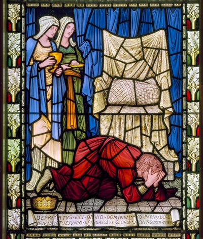 Král David pláče a modlí se za život svého nemocného dítěte a pak s odvahou přijímá dětskou smrt, kolem roku 1896 (barevné sklo) od Edward Burne Jones