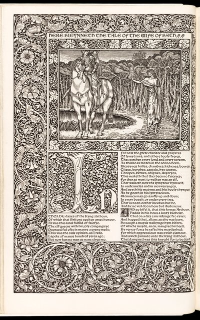 „The Works of Geoffrey Chaucer Now Newly Imprinted“ od Geoffrey Chaucer, vydané nakladatelstvím Kelmscott Press v roce 1896 (dřevořez) od Edward Burne Jones