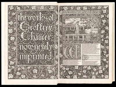 „The Works of Geoffrey Chaucer Now Newly Imprinted“ od Geoffrey Chaucer, vydané nakladatelstvím Kelmscott Press v roce 1896 (dřevořez) od Edward Burne Jones