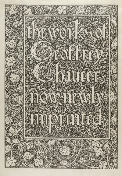 Titulní strana, z The Works of Geoffrey Chaucer, nyní nově otištěná, vyrytá Williamem Morrisem (1834-96) 1896 od Edward Coley after Burne Jones