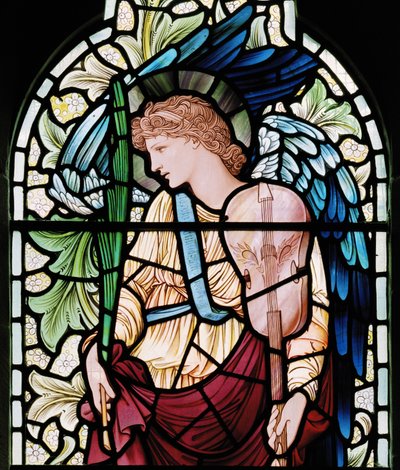 Wilden, All Saints, Morris & Co., Edward Burne-Jones, John Henry Dearle (1859-1932), The Minstrel Angel, Angel Musician, detail, 1902-1914, Louisa, Alfred, The Baldwins, ministerský předseda, metodista, Wor od Edward Coley and Dearle Burne Jones