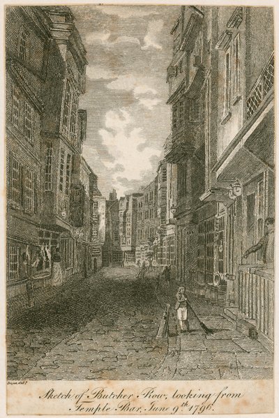 Sketch of Butcher Row, při pohledu z Temple Bar, 9. června 1796 od Edward Dayes