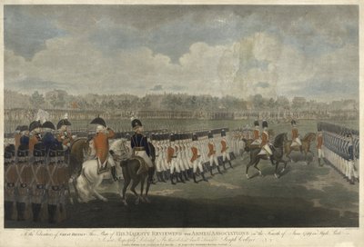 The King reviewing Armed Association v Hyde Parku dne 4. června 1799, ryl J. Collyer, 1801 (barevná tečkovaná rytina) od Edward Dayes