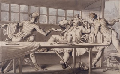 John Gilpin v lodi Uxbridge Passage Boat (pero s modrým a hnědým mytím) od Edward Francis Burney