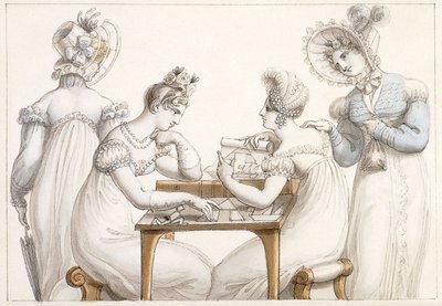 Dámy vystřihující siluety: a dámy konverzující v interiéru, od Edward Francis Burney