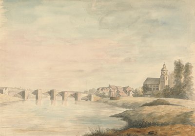 Říční krajina s mostem od Edward Francis Burney