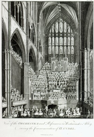 Pohled na orchestr a umělce ve Westminsterském opatství, během oslavy Händela, publikoval Charles Burney, 1785 od Edward Francis Burney