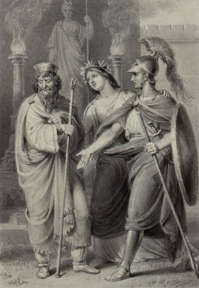 Válečník doprovázený ženou oslovující kněze v okrscích chrámu od Edward Francis Burney