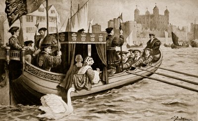Catherine Howardová je přenesena do věže, ilustrace z knihy "Hutchinson