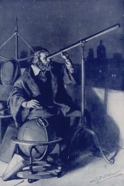Galileo objevuje nové světy (barevná litografie) od Edward Frederick Skinner