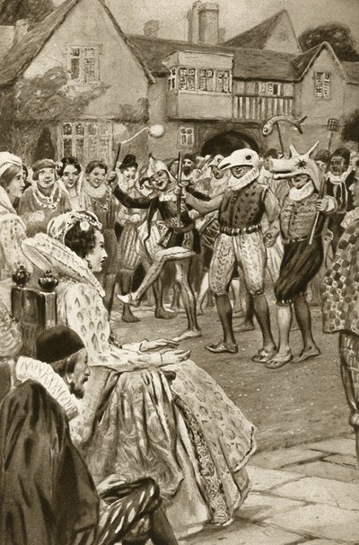 Královna Alžběta I. se baví s šašky (litografie) od Edward Frederick Skinner