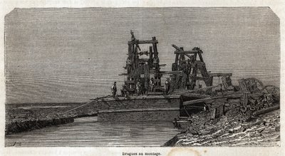 Dredges na Suezském průplavu, kresba Greneta, pro ilustraci exkurze do Suezského průplavu v roce 1862 od Paula Merruaua. Rytina v „“Le tour du monde““, editoval Edouard Charton od Edward Grenet