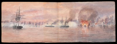 Soukromý ilustrovaný deník Dr. E. H. Creeho, svazek XII 1849, Rozloženo naproti straně 73-74, "Útok na pirátskou flotilu Shap-ng-tsai na řece Tonquin" 21. října 1849 CRJ12 (malba) od Edward Hodges Cree