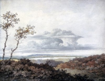Venkovská krajina s pozdějšími studiemi mraků od Luka Howarda (1772-1864) kolem 1808-11 (wc na papíře) od Edward Kennion