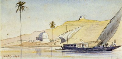 Velká egyptská felluka na Nilu (Egypt), před strmými břehy, s palmou a dvěma bílými marabu, které podtrhují pouštní ráz krajiny. od Edward Lear