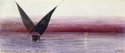 Egyptská loď na Nilu v Manfalootu (Egypt). Kolorovaná akvarelová kresba od Edward Lear