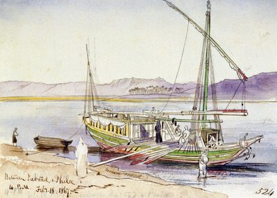 Egyptská loď zakotvená na břehu Nilu mezi Daboad a Phila (Egypt). Kolorovaná akvarelová kresba od Edward Lear