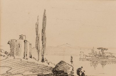 Italské capriccio, cca 1837 (černá křída na papíře) od Edward Lear