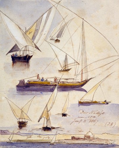 Studie různých egyptských lodí (včetně dahabeyah a gyassis) u Deir KAdige (Egypt), které jsou zastoupeny na klidném úseku, a v dolní části stránky pohled na břehy Nilu s mešitou. od Edward Lear