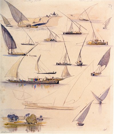 Studie různých egyptských lodí. Kolorovaná akvarelová kresba od Edward Lear